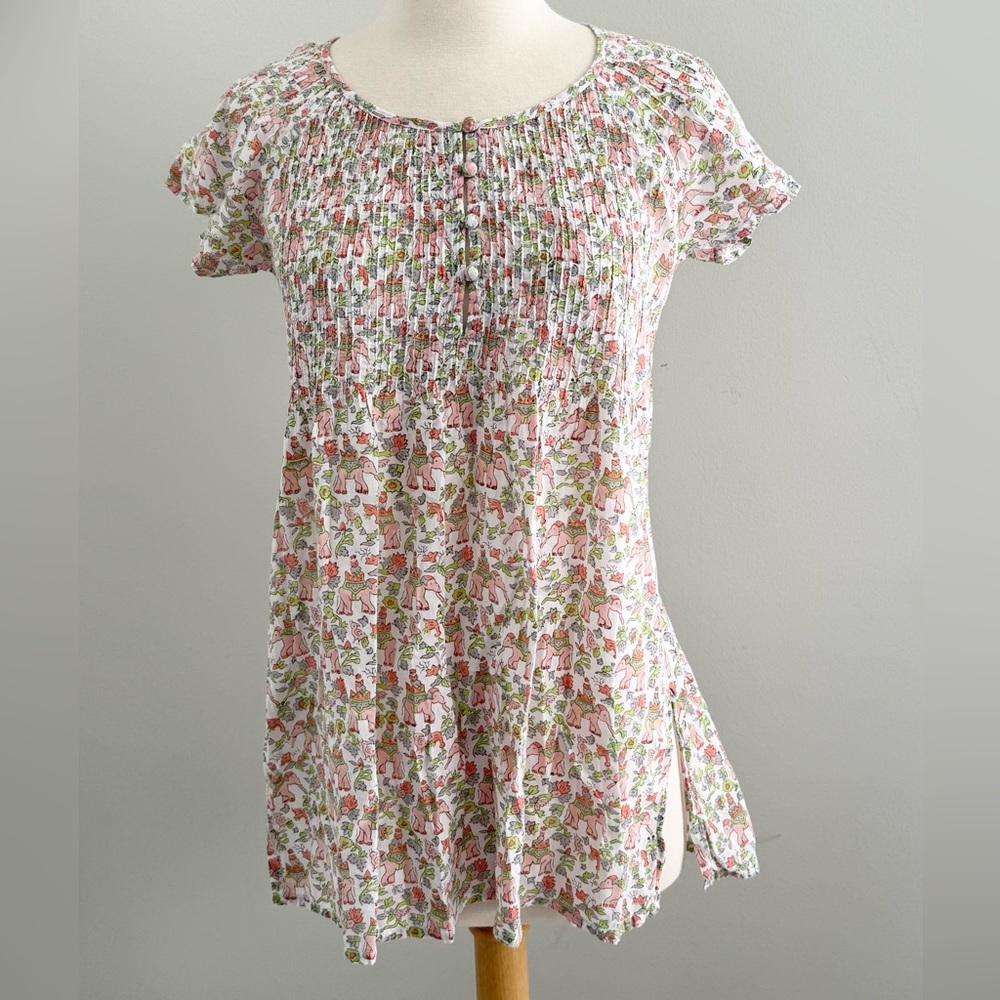 Roller Rabbit XS Cotton Elephant Boho Tunic Pintuck Button Tank Ruffle Top